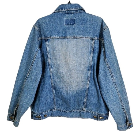 Lee Wrangler Trucker Denim Jacket Mens M Blue Faded Distressed LM45128 Fits L - Picture 12 of 12
